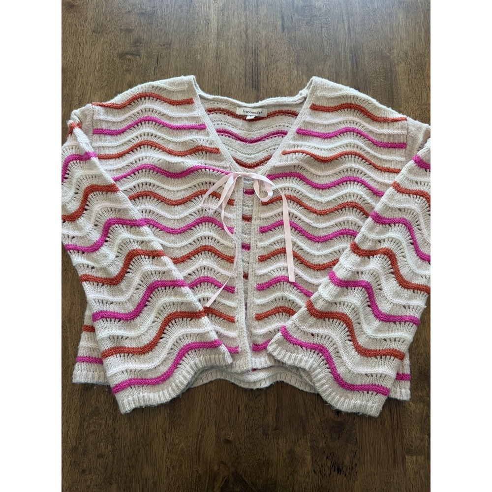 Francesca's Ella Striped Tie Front Cardigan Cream Pink Orange M
